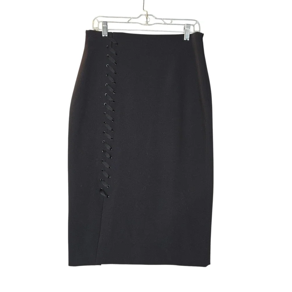 Worthington Black Pencil Skirt Lace Up Side Slit Midi‎ Size 8 Business Casual